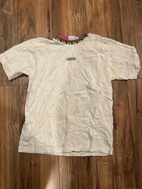 adidas White Short Sleeve Tee with Purple & Lime Neck Trim